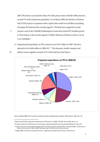 4
2003, PFI prisons accounted for about 5% of the prison estate and held 5,000 prisoners,
around 7% of the total prison population.8
As at March 2008, the Ministry of Defence
had 53 PFI projects in operation with a capital value worth over £6 billion (excluding
the largest PFI deal that they recently signed).9
PFI deals have ranged from small
projects, such as the £100,000 Littlehampton Community School ITC facilities project5
in West Sussex, to the recently signed £13 billion Ministry of Defence contract for air
to air refuelling.10
11. Departmental expenditure on PFI contracts was £5,267 million in 2007–08 and is
planned to be £4,466 million in 2008–09. 11
The education, health, transport and
defence sectors together comprise 67% of the total (see chart below).10
Projected expenditure on PFI in 2008-09
Home office, £13m
Culture, media and sport,
£36m, 1%
Work and Pensions, £55m,
1%
Northern Ireland, £118m,
3%
Environment, £193m, 4%
Scotland, £820m, 18%
Communites & local gov,
£280m, 6%
Education, £294m, 7%
Defence, £338m, 8%
Transport , £961m, 22%
Wales, £13m
Health, £1345m, 30%
Source: Budget 2008: the economy and public finances–supplementary material, HM Treasury, Table 18, p 32
8
National Audit Office, Operational Performance of PFI prisons, HC (2002–-03) 700, 18 June 2003, para 2, p 5
9
PFI signed projects list (http://www.hm-treasury.gov.uk/documents/public_private_partnerships/ppp_pfi_stats.cfm)
10
House of Commons Library Research paper 03/79, The Private Finance Initiative (PFI), 21 October 2003, p 10; Ministry of
Defence Press notice, 27 March 2008, ‘RAF signs deal for A330 aircraft as future tankers’
11
Budget 2008, the economy and public finances- supplementary material, HM Treasury, Table 18, p 32
 