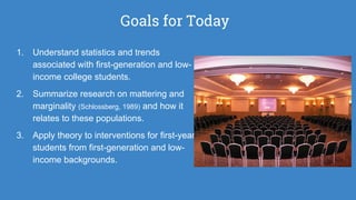 Goals for Today
1. Understand statistics and trends
associated with first-generation and low-
income college students.
2. Summarize research on mattering and
marginality (Schlossberg, 1989) and how it
relates to these populations.
3. Apply theory to interventions for first-year
students from first-generation and low-
income backgrounds.
 