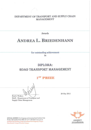 Diploma in Road Transport_ 1st Prize award