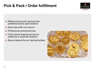 Pick & Pack / Order fulfillment
11
 Efficient pick & pack services from
worldwide secure vault locations
 Same day order turn around
 Professional packing services
 Fully insured shipping services to
residence or business locations
 Secure state-of-the-art vaulting facilities
 