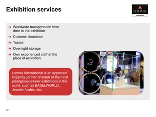 Exhibition services
12
 Worldwide transportation from
door to the exhibition
 Customs clearance
 Transit
 Overnight storage
 Own experienced staff at the
place of exhibition
Loomis International is an approved
shipping partner of some of the most
prestigious jeweler exhibitions in the
world, such as BASELWORLD,
Jeweler Arabia, etc.
 