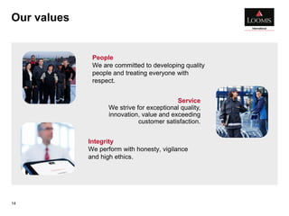 Our values
14
Service
We strive for exceptional quality,
innovation, value and exceeding
customer satisfaction.
Integrity
We perform with honesty, vigilance
and high ethics.
People
We are committed to developing quality
people and treating everyone with
respect.
 