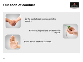 Our code of conduct
15
Reduce our operational environmental
impact.
Never accept unethical behavior.
Be the most attractive employer in the
industry.
 