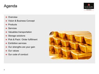 Agenda
2
 Overview
 Vision & Business Concept
 Products
 Services
 Valuables transportation
 Storage solutions
 Pick & Pack / Order fulfillment
 Exhibition services
 Our strengths are your gain
 Our values
 Our code of conduct
 