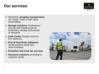 Our services
7
 Worldwide valuables transportation
(air, ocean, road) of high value
commodities
 Storage solutions: Professional
security and infrastructure for
processing, storage and transfer
of valuables
 Cash Center (foreign currency,
ECI solutions)
 Pick & Pack/Order fulfillment
(small precious metal bars,
coins business)
 Exhibition and trade fair services
 Insurance solutions according to
customer needs
 