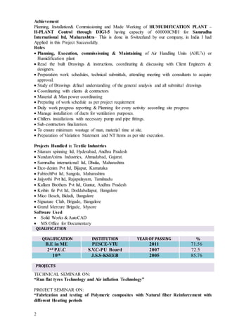 2
Achievement
Planning, Installation& Commissioning and Made Working of HUMUDIFICATION PLANT –
H-PLANT Control through DIGI-5 having capacity of 600000CMH for Samrudha
International ltd, Maharashtra– This is done in Switzerland by our company, in India I had
Applied in this Project Successfully.
Roles
 Planning, Execution, commissioning & Maintaining of Air Handling Units (AHU’s) or
Humidification plant
 Read the built Drawings & instructions, coordinating & discussing with Client Engineers &
designers.
 Preparation work schedules, technical submittals, attending meeting with consultants to acquire
approval.
 Study of Drawings &final understanding of the general analysis and all submittal drawings
 Coordinating with clients & contractors
 Material & Man power coordinating
 Preparing of work schedule as per project requirement
 Daily work progress reporting & Planning for every activity according site progress
 Manage installation of ducts for ventilation purposes.
 Chillers installations with necessary pump and pipe fittings.
 Sub-contractors finalization.
 To ensure minimum wastage of man, material time at site.
 Preparation of Variation Statement and NT Items as per site execution.
Projects Handled in Textile Industries
 Sitaram spinning ltd, Hyderabad, Andhra Pradesh
 NandanAxims Industries, Ahmadabad, Gujarat.
 Samrudha international ltd, Dhulia, Maharashtra
 Etco denim Pvt ltd, Bijapur, Karnataka
 FabtechPvt ltd, Sangola, Maharashtra
 Jaijyothi Pvt ltd, Rajapalayam, Tamilnadu
 Kallam Brothers Pvt ltd, Guntur, Andhra Pradesh
 Keihin fie Pvt ltd, Doddaballapur, Bangalore
 Mico Bosch, Bidadi, Bangalore
 Signature Club, Brigade, Bangalore
 Grand Mercure Brigade, Mysore
Software Used
 Solid Works & AutoCAD
 MS Office for Documentary
QUALIFICATION
QUALIFICATION INSTITUTION YEAR OF PASSING %
B.E in ME PESCE-VTU 2011 71.56
2nd P.U.C S.V.C-PU Board 2007 72.5
10th J.S.S-KSEEB 2005 85.76
PROJECTS
TECHNICAL SEMINAR ON:
“Run flat tyres Technology and Air inflation Technology”
PROJECT SEMINAR ON:
“Fabrication and testing of Polymeric composites with Natural fiber Reinforcement with
different Heating periods
 