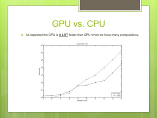 GPU vs. CPU
 As expected the GPU is A LOT faster than CPU when we have many computations.
 