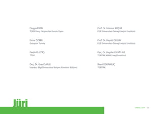 Duygu EREN
TOBB Genç Girişimciler Kurulu Üyesi
Emre ÖZBEK
Groupon Turkey
Ferda ULUTAŞ
TTGV
Doç. Dr. Gresi SANJE
İstanbul Bilgi Üniversitesi İletişim Yönetimi Bölümü
Prof. Dr. Günnur KOÇAR
EGE Üniversitesi Güneş Enerjisi Enstitüsü
Prof. Dr. Hayati OLGUN
EGE Üniversitesi Güneş Enerjisi Enstitüsü
Doç. Dr. Haydar LİVATYALI
TÜBİTAK MAM Enerji Enstitüsü
İlker KESKİNKILIÇ
TÜBİTAK
Jüri 13UNIDO, GCIP
 