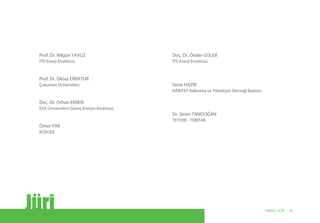 Prof. Dr. Nilgün YAVUZ
İTÜ Enerji Enstitüsü
Prof. Dr. Oktay ERBATUR
Çukurova Üniversitesi
Doç. Dr. Orhan EKREN
EGE Üniversitesi Güneş Enerjisi Enstitüsü
Ömer PAK
KOSGEB
Doç. Dr. Önder GÜLER
İTÜ Enerji Enstitüsü
Sezai HAZIR
HABITAT Kalkınma ve Yönetişim Derneği Başkanı
Dr. Sinan TANDOĞAN
TEYDEB - TÜBİTAK
Jüri 15UNIDO, GCIP
 