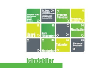 Finalistler
Mentorlar
Juri
Takımlar
Süleyman YILMAZ
UNIDO Bölgesel
İşbirliği
Merkezi
Direktörü
Dr. Sinan
Tandoğan
Stratejik Programlar Md.
Teknoloji ve Yenilik
Destek Programları
Başkanlığı, TÜBİTAK
Yarı
Finalistler
Program
Tanıtımı
Kurumsal
Destekler
6.
12. 16.
32. 34. 36.
24.
Program
Yönetimi
içindekiler
 