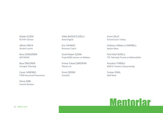Abidin İÇDEN
KUYAP Uzmanı
Alihan ARICA
Alcatel Lucent
Bora GÜNGÖREN
NETSERVİS
Bora ÖNGÜRER
Portakal Teknoloji
Caner SANDIKÇI
FORA Kurumsal Finansman
Deniz ARIK
Garanti Bankası
Dilek BAĞDATLIOĞLU
Rotal Digital
Ece TAHMAZ
Business Coach
Emel Köşker İÇDEN
Proje/KOBİ Uzmanı ve Rehberi
Emine Yüksel ŞİMDİVAR
Planet S.A.
Emre ERDEM
EnerjiSA
Evrim SELVİ
ActionCoach Turkey
Federico Villatico CAMPBELL
Epeios Ideas
Ferit KALFAOĞLU
TTE Teknoloji Ticaret ve Mühendilsik
Ferudun YÜREKLİ
KARYA Yönetim Danışmanlığı
Furkan ÜNAL
Aktif Bank
Mentorlar32 UNIDO, GCIP
 