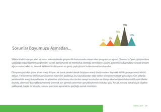 Dünyanın günden güne artan enerji ihtiyacı ve buna paralel olarak büyüyen enerji üretiminden kaynaklı kirlilik gezegenimizi tehdit
ediyor. Yenilenemez enerji kaynaklarının rezervleri azaldıkça, bu kaynaklardan elde edilen enerjinin maliyeti yükseliyor. Son yıllarda
yenilenebilir enerji kaynaklarına bir yönelme söz konusu olsa da dev sanayi kuruluşları ve dünya ekonomisinin lokomotifi olan ülkeler
dışında, alternatif kaynaklardan enerji üretmek için gerekli yatırımları gerçekleştirmek oldukça güç. Ancak, soruna daha küçük ölçekte
yaklaşarak, başka bir deyişle, sorunu parçalara ayırarak bu güçlüğü aşmak mümkün.
Silikon Vadisi’nde yer alan ve temiz teknolojilerde girişimcilik konusunda uzman olan program ortağımız Cleantech Open, girişimcilere
sağladığı yoğunlaştırılmış eğitimler, sürekli danışmanlık ve mentorluk desteği; sermayeye ulaşım, yatırımcı buluşmaları, küresel iletişim
ağı ve materyaller vb. önemli katkıları ile dünyanın en geniş çaplı girişim hızlandırma kuruluşudur.
Sorunlar Boyumuzu Aşmadan...
07UNIDO, GCIP
 