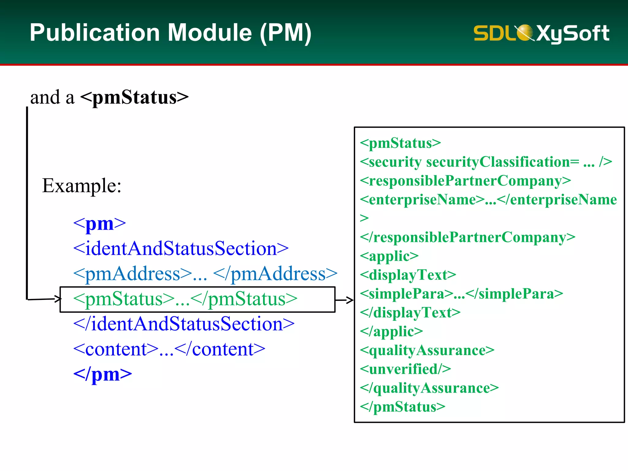 Example:
<pm>
<identAndStatusSection>
<pmAddress>... </pmAddress>
<pmStatus>...</pmStatus>
</identAndStatusSection>
<content>...</content>
</pm>
Example:
<pm>
<identAndStatusSection>
<pmAddress>... </pmAddress>
<pmStatus>...</pmStatus>
</identAndStatusSection>
<content>...</content>
</pm>
Publication Module (PM)
<pmStatus>
<security securityClassification= ... />
<responsiblePartnerCompany>
<enterpriseName>...</enterpriseName
>
</responsiblePartnerCompany>
<applic>
<displayText>
<simplePara>...</simplePara>
</displayText>
</applic>
<qualityAssurance>
<unverified/>
</qualityAssurance>
</pmStatus>
and a <pmStatus>
 