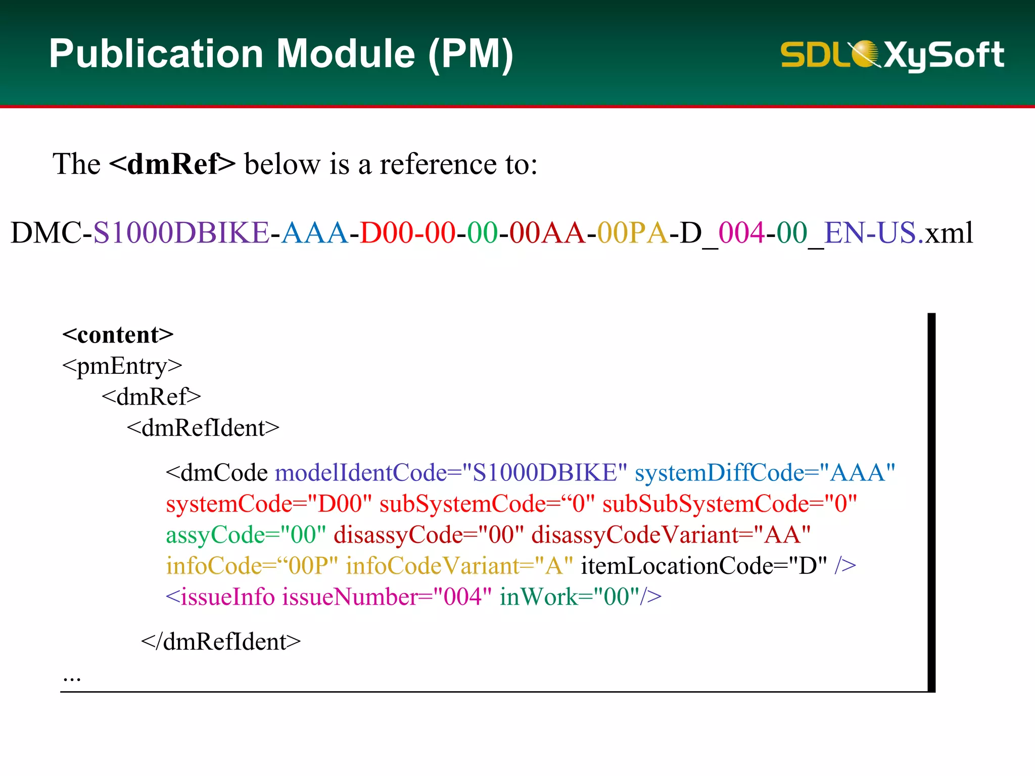 <content>
<pmEntry>
<dmRef>
<dmRefIdent>
<dmCode modelIdentCode="S1000DBIKE" systemDiffCode="AAA"
systemCode="D00" subSystemCode=“0" subSubSystemCode="0"
assyCode="00" disassyCode="00" disassyCodeVariant="AA"
infoCode=“00P" infoCodeVariant="A" itemLocationCode="D" />
<issueInfo issueNumber="004" inWork="00"/>
</dmRefIdent>
...
<content>
<pmEntry>
<dmRef>
<dmRefIdent>
<dmCode modelIdentCode="S1000DBIKE" systemDiffCode="AAA"
systemCode="D00" subSystemCode=“0" subSubSystemCode="0"
assyCode="00" disassyCode="00" disassyCodeVariant="AA"
infoCode=“00P" infoCodeVariant="A" itemLocationCode="D" />
<issueInfo issueNumber="004" inWork="00"/>
</dmRefIdent>
...
DMC-S1000DBIKE-AAA-D00-00-00-00AA-00PA-D_004-00_EN-US.xml
The <dmRef> below is a reference to:
Publication Module (PM)
 