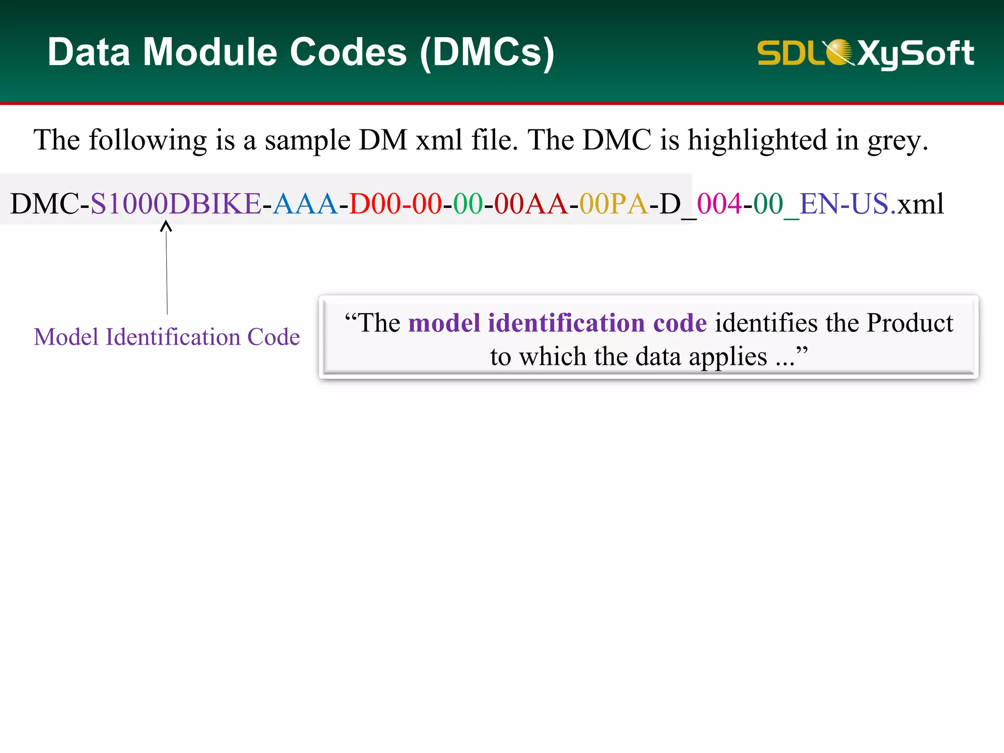 DMC-S1000DBIKE-AAA-D00-00-00-00AA-00PA-D_004-00_EN-US.xml
Model Identification Code
“The model identification code identifies the Product
to which the data applies ...”
The following is a sample DM xml file. The DMC is highlighted in grey.
Data Module Codes (DMCs)
 