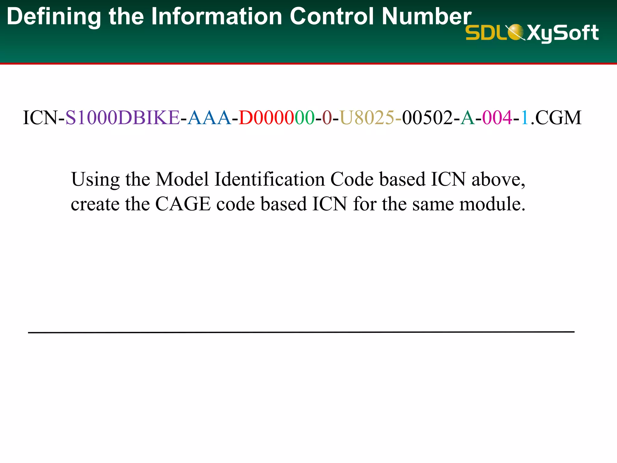Defining the Information Control Number
ICN-S1000DBIKE-AAA-D000000-0-U8025-00502-A-004-1.CGM
Using the Model Identification Code based ICN above,
create the CAGE code based ICN for the same module.
 