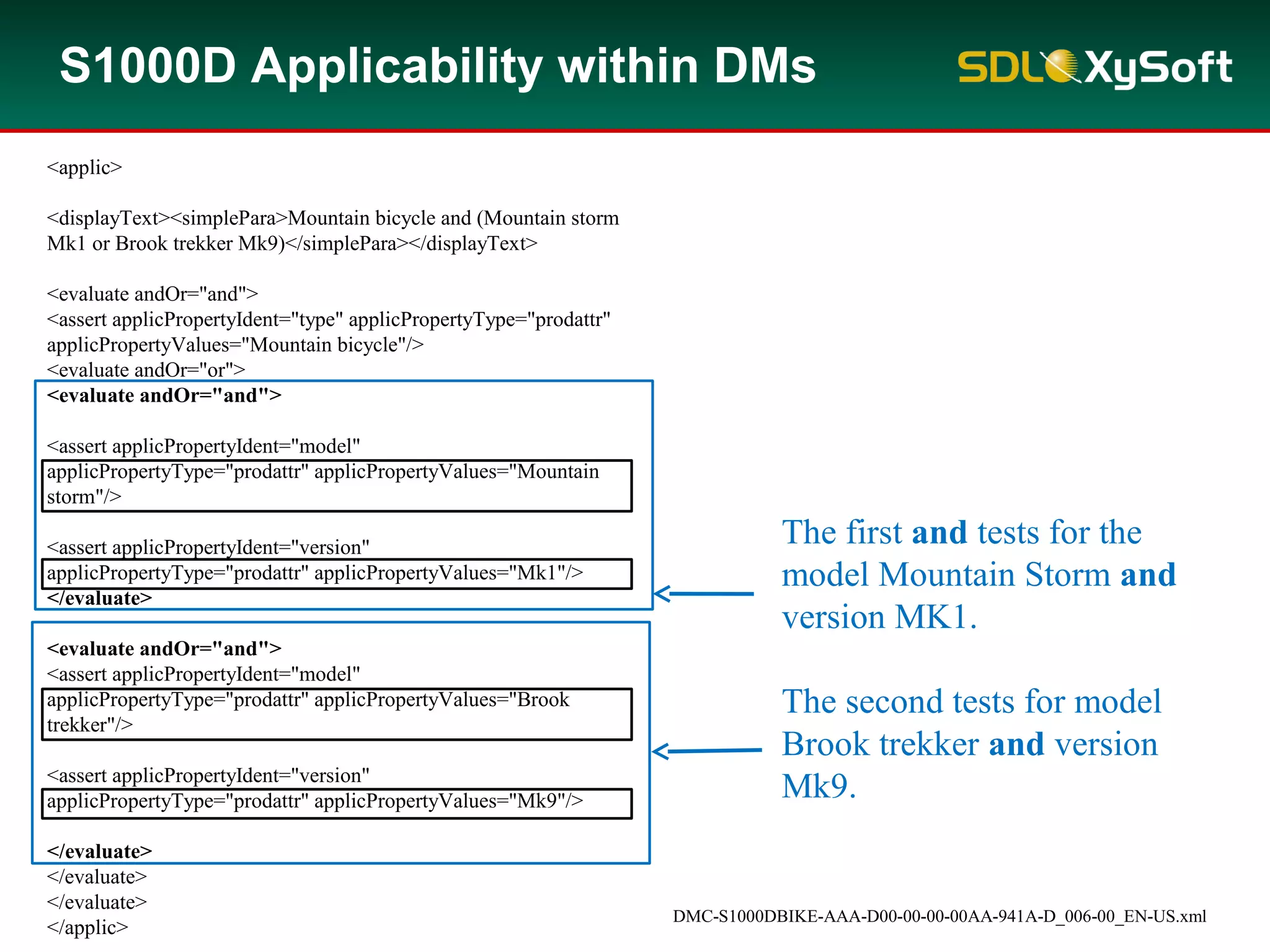 DMC-S1000DBIKE-AAA-D00-00-00-00AA-941A-D_006-00_EN-US.xml
The first and tests for the
model Mountain Storm and
version MK1.
The second tests for model
Brook trekker and version
Mk9.
<applic>
<displayText><simplePara>Mountain bicycle and (Mountain storm
Mk1 or Brook trekker Mk9)</simplePara></displayText>
<evaluate andOr="and">
<assert applicPropertyIdent="type" applicPropertyType="prodattr"
applicPropertyValues="Mountain bicycle"/>
<evaluate andOr="or">
<evaluate andOr="and">
<assert applicPropertyIdent="model"
applicPropertyType="prodattr" applicPropertyValues="Mountain
storm"/>
<assert applicPropertyIdent="version"
applicPropertyType="prodattr" applicPropertyValues="Mk1"/>
</evaluate>
<evaluate andOr="and">
<assert applicPropertyIdent="model"
applicPropertyType="prodattr" applicPropertyValues="Brook
trekker"/>
<assert applicPropertyIdent="version"
applicPropertyType="prodattr" applicPropertyValues="Mk9"/>
</evaluate>
</evaluate>
</evaluate>
</applic>
S1000D Applicability within DMs
 