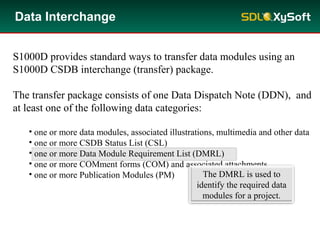 S1000D provides standard ways to transfer data modules using an
S1000D CSDB interchange (transfer) package.
The transfer package consists of one Data Dispatch Note (DDN), and
at least one of the following data categories:
• one or more data modules, associated illustrations, multimedia and other data
• one or more CSDB Status List (CSL)
• one or more Data Module Requirement List (DMRL)
• one or more COMment forms (COM) and associated attachments
• one or more Publication Modules (PM)
Data Interchange
The DMRL is used to
identify the required data
modules for a project.
 
