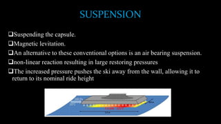 SUSPENSION
Suspending the capsule.
Magnetic levitation.
An alternative to these conventional options is an air bearing suspension.
non-linear reaction resulting in large restoring pressures
The increased pressure pushes the ski away from the wall, allowing it to
return to its nominal ride height
 