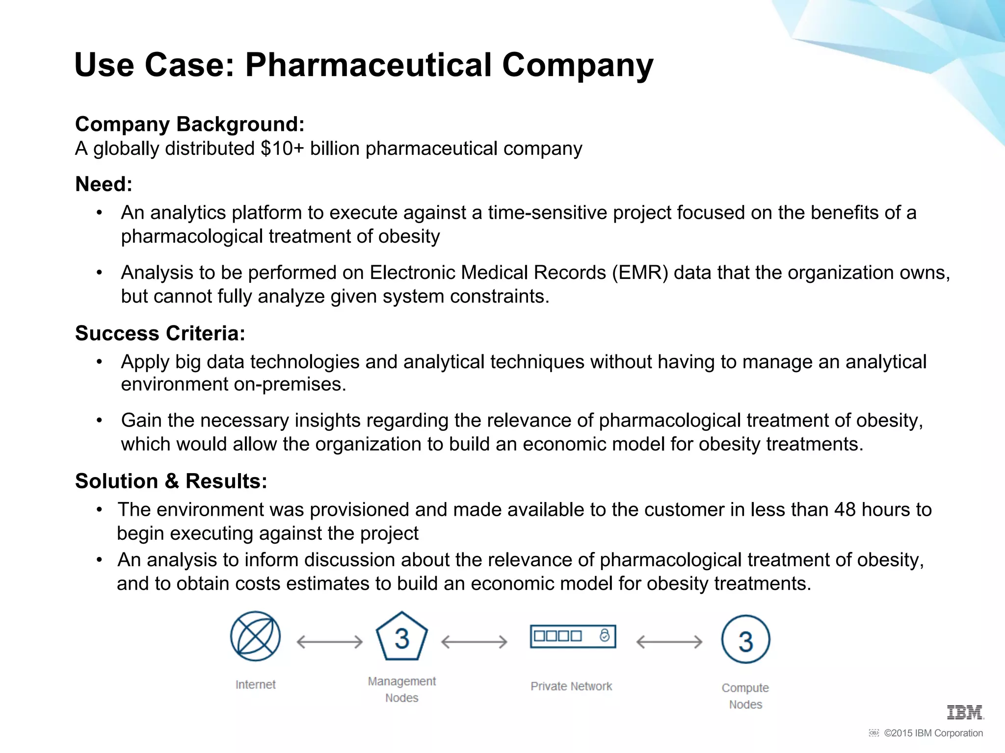 ©2015 IBM Corporation￼
Company Background:
A globally distributed $10+ billion pharmaceutical company
Need:
•  An analytics platform to execute against a time-sensitive project focused on the benefits of a
pharmacological treatment of obesity
•  Analysis to be performed on Electronic Medical Records (EMR) data that the organization owns,
but cannot fully analyze given system constraints.
Success Criteria:
•  Apply big data technologies and analytical techniques without having to manage an analytical
environment on-premises.
•  Gain the necessary insights regarding the relevance of pharmacological treatment of obesity,
which would allow the organization to build an economic model for obesity treatments.
Solution & Results:
•  The environment was provisioned and made available to the customer in less than 48 hours to
begin executing against the project
•  An analysis to inform discussion about the relevance of pharmacological treatment of obesity,
and to obtain costs estimates to build an economic model for obesity treatments.
Use Case: Pharmaceutical Company
 