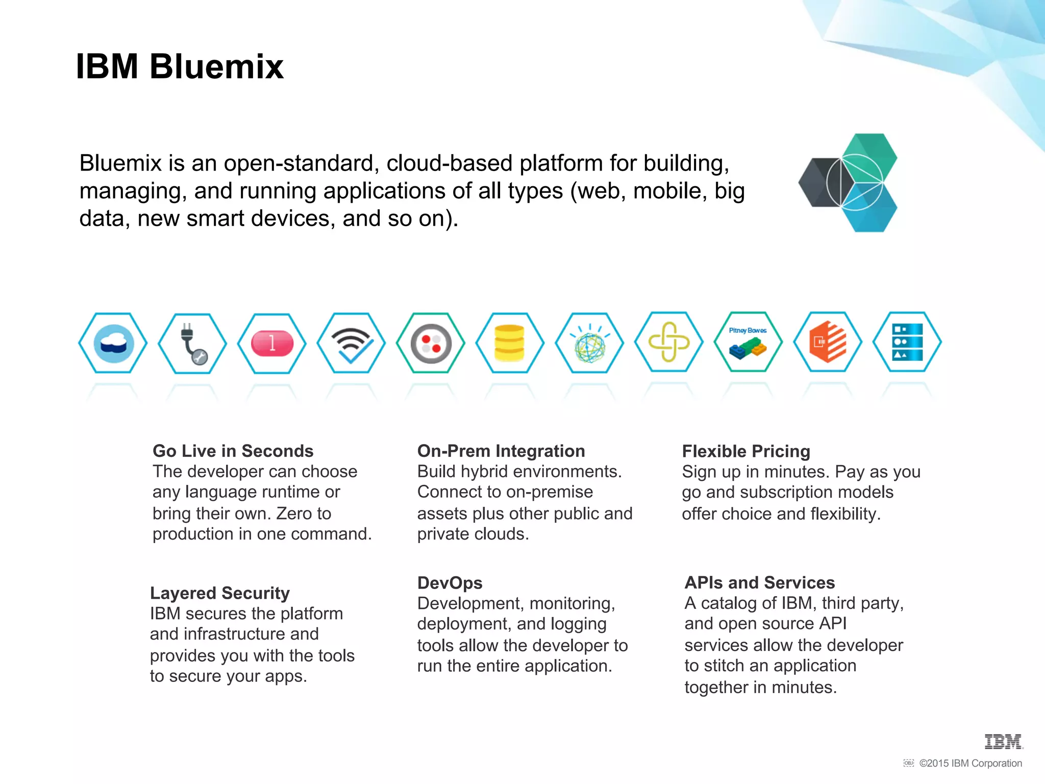 ©2015 IBM Corporation￼
Bluemix is an open-standard, cloud-based platform for building,
managing, and running applications of all types (web, mobile, big
data, new smart devices, and so on).
Go Live in Seconds
The developer can choose
any language runtime or
bring their own. Zero to
production in one command.
DevOps
Development, monitoring,
deployment, and logging
tools allow the developer to
run the entire application.
APIs and Services
A catalog of IBM, third party,
and open source API
services allow the developer
to stitch an application
together in minutes.
On-Prem Integration
Build hybrid environments.
Connect to on-premise
assets plus other public and
private clouds.
Flexible Pricing
Sign up in minutes. Pay as you
go and subscription models
offer choice and flexibility.
Layered Security
IBM secures the platform
and infrastructure and
provides you with the tools
to secure your apps.
IBM Bluemix
 
