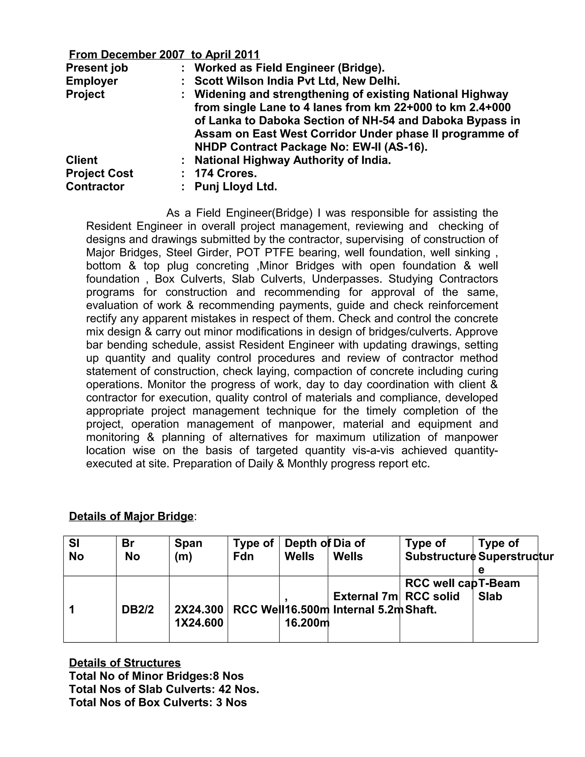 From December 2007 to April 2011
Present job : Worked as Field Engineer (Bridge).
Employer : Scott Wilson India Pvt Ltd, New Delhi.
Project : Widening and strengthening of existing National Highway
from single Lane to 4 lanes from km 22+000 to km 2.4+000
of Lanka to Daboka Section of NH-54 and Daboka Bypass in
Assam on East West Corridor Under phase II programme of
NHDP Contract Package No: EW-II (AS-16).
Client : National Highway Authority of India.
Project Cost : 174 Crores.
Contractor : Punj Lloyd Ltd.
As a Field Engineer(Bridge) I was responsible for assisting the
Resident Engineer in overall project management, reviewing and checking of
designs and drawings submitted by the contractor, supervising of construction of
Major Bridges, Steel Girder, POT PTFE bearing, well foundation, well sinking ,
bottom & top plug concreting ,Minor Bridges with open foundation & well
foundation , Box Culverts, Slab Culverts, Underpasses. Studying Contractors
programs for construction and recommending for approval of the same,
evaluation of work & recommending payments, guide and check reinforcement
rectify any apparent mistakes in respect of them. Check and control the concrete
mix design & carry out minor modifications in design of bridges/culverts. Approve
bar bending schedule, assist Resident Engineer with updating drawings, setting
up quantity and quality control procedures and review of contractor method
statement of construction, check laying, compaction of concrete including curing
operations. Monitor the progress of work, day to day coordination with client &
contractor for execution, quality control of materials and compliance, developed
appropriate project management technique for the timely completion of the
project, operation management of manpower, material and equipment and
monitoring & planning of alternatives for maximum utilization of manpower
location wise on the basis of targeted quantity vis-a-vis achieved quantity-
executed at site. Preparation of Daily & Monthly progress report etc.
Details of Major Bridge:
Sl
No
Br
No
Span
(m)
Type of
Fdn
Depth of
Wells
Dia of
Wells
Type of
Substructure
Type of
Superstructur
e
1 DB2/2 2X24.300
1X24.600
RCC Well
,
16.500m
16.200m
External 7m
Internal 5.2m
RCC well cap
RCC solid
Shaft.
T-Beam
Slab
Details of Structures
Total No of Minor Bridges:8 Nos
Total Nos of Slab Culverts: 42 Nos.
Total Nos of Box Culverts: 3 Nos
 