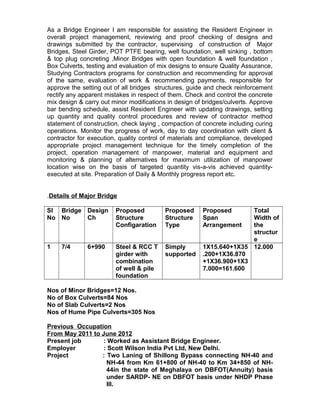As a Bridge Engineer I am responsible for assisting the Resident Engineer in
overall project management, reviewing and proof checking of designs and
drawings submitted by the contractor, supervising of construction of Major
Bridges, Steel Girder, POT PTFE bearing, well foundation, well sinking , bottom
& top plug concreting ,Minor Bridges with open foundation & well foundation ,
Box Culverts, testing and evaluation of mix designs to ensure Quality Assurance,
Studying Contractors programs for construction and recommending for approval
of the same, evaluation of work & recommending payments, responsible for
approve the setting out of all bridges structures, guide and check reinforcement
rectify any apparent mistakes in respect of them. Check and control the concrete
mix design & carry out minor modifications in design of bridges/culverts. Approve
bar bending schedule, assist Resident Engineer with updating drawings, setting
up quantity and quality control procedures and review of contractor method
statement of construction, check laying , compaction of concrete including curing
operations. Monitor the progress of work, day to day coordination with client &
contractor for execution, quality control of materials and compliance, developed
appropriate project management technique for the timely completion of the
project, operation management of manpower, material and equipment and
monitoring & planning of alternatives for maximum utilization of manpower
location wise on the basis of targeted quantity vis-a-vis achieved quantity-
executed at site. Preparation of Daily & Monthly progress report etc.
.Details of Major Bridge
Sl
No
Bridge
No
Design
Ch
Proposed
Structure
Configaration
Proposed
Structure
Type
Proposed
Span
Arrangement
Total
Width of
the
structur
e
1 7/4 6+990 Steel & RCC T
girder with
combination
of well & pile
foundation
Simply
supported
1X15.640+1X35
.200+1X36.870
+1X36.900+1X3
7.000=161.600
12.000
Nos of Minor Bridges=12 Nos.
No of Box Culverts=84 Nos
No of Slab Culverts=2 Nos
Nos of Hume Pipe Culverts=305 Nos
Previous Occupation
From May 2011 to June 2012
Present job : Worked as Assistant Bridge Engineer.
Employer : Scott Wilson India Pvt Ltd, New Delhi.
Project : Two Laning of Shillong Bypass connecting NH-40 and
NH-44 from Km 61+800 of NH-40 to Km 34+850 of NH-
44in the state of Meghalaya on DBFOT(Annuity) basis
under SARDP- NE on DBFOT basis under NHDP Phase
III.
 