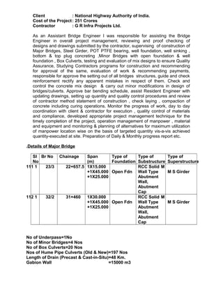 Client : National Highway Authority of India.
Cost of the Project: 251 Crores
Contractor : G R Infra Projects Ltd.
As an Assistant Bridge Engineer I was responsible for assisting the Bridge
Engineer in overall project management, reviewing and proof checking of
designs and drawings submitted by the contractor, supervising of construction of
Major Bridges, Steel Girder, POT PTFE bearing, well foundation, well sinking ,
bottom & top plug concreting ,Minor Bridges with open foundation & well
foundation , Box Culverts, testing and evaluation of mix designs to ensure Quality
Assurance, Studying Contractors programs for construction and recommending
for approval of the same, evaluation of work & recommending payments,
responsible for approve the setting out of all bridges structures, guide and check
reinforcement rectify any apparent mistakes in respect of them. Check and
control the concrete mix design & carry out minor modifications in design of
bridges/culverts. Approve bar bending schedule, assist Resident Engineer with
updating drawings, setting up quantity and quality control procedures and review
of contractor method statement of construction , check laying , compaction of
concrete including curing operations. Monitor the progress of work, day to day
coordination with client & contractor for execution , quality control of materials
and compliance, developed appropriate project management technique for the
timely completion of the project, operation management of manpower , material
and equipment and monitoring & planning of alternatives for maximum utilization
of manpower location wise on the basis of targeted quantity vis-a-vis achieved
quantity-executed at site. Preparation of Daily & Monthly progress report etc.
.Details of Major Bridge
Sl
No
Br No Chainage Span
(m)
Type of
Foundation
Type of
Substructure
Type of
Superstructure
111 1 23/3 22+657.5 1X15.000
+1X45.000
+1X25.000
Open Fdn
RCC Solid
Wall Type
Abutment
Wall,
Abutment
Cap
M
M S Girder
112 1 32/2 31+460 1X30.000
+1X45.000
+1X25.000
Open Fdn
RCC Solid
Wall Type
Abutment
Wall,
Abutment
Cap
M
M S Girder
No of Underpass=1No
No of Minor Bridges=4 Nos
No of Box Culverts=20 Nos
Nos of Hume Pipe Culverts (Old & New)=197 Nos
Length of Drain (Precast & Cast-in-Situ)=48 Km.
Gabion Wall =15000 m3
 