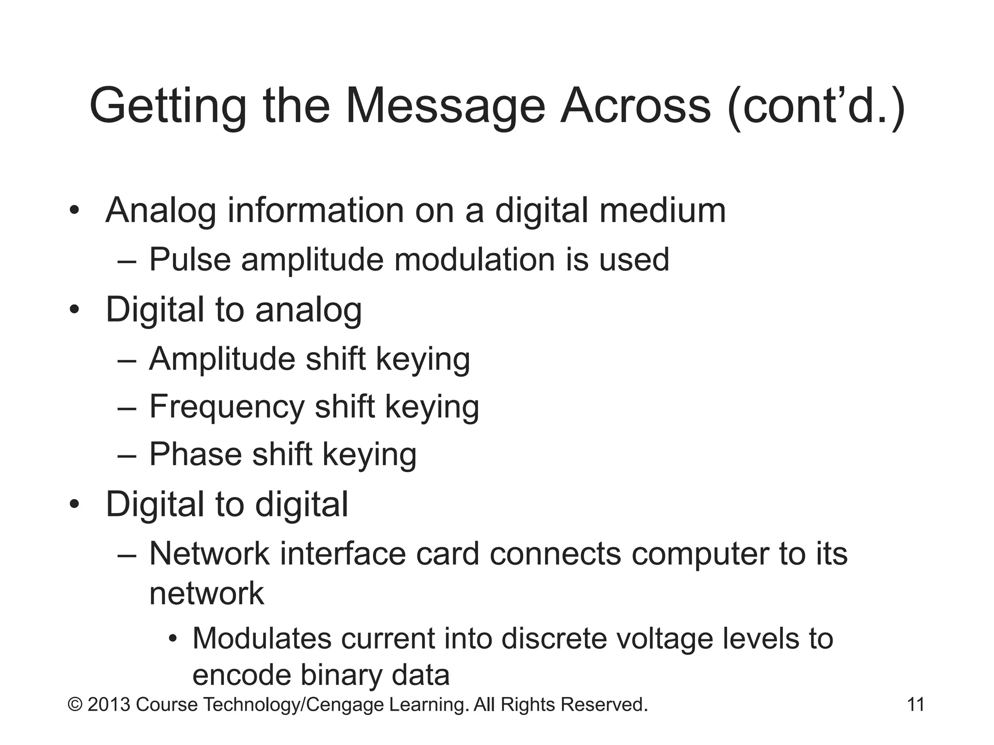© 2013 Course Technology/Cengage Learning. All Rights Reserved.
Getting the Message Across (cont’d.)
• Analog information on a digital medium
– Pulse amplitude modulation is used
• Digital to analog
– Amplitude shift keying
– Frequency shift keying
– Phase shift keying
• Digital to digital
– Network interface card connects computer to its
network
• Modulates current into discrete voltage levels to
encode binary data
11
 