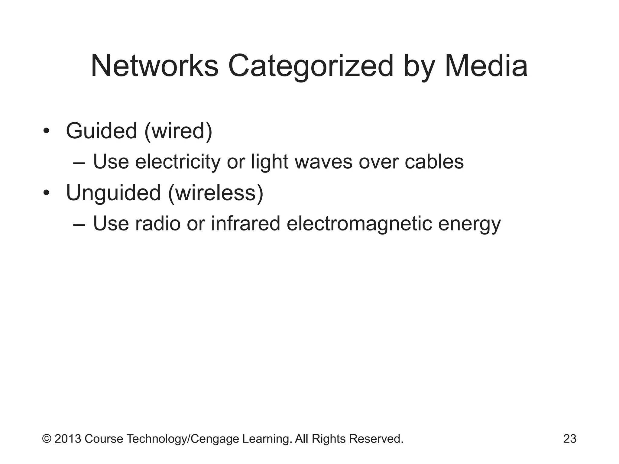 © 2013 Course Technology/Cengage Learning. All Rights Reserved.
Networks Categorized by Media
• Guided (wired)
– Use electricity or light waves over cables
• Unguided (wireless)
– Use radio or infrared electromagnetic energy
23
 