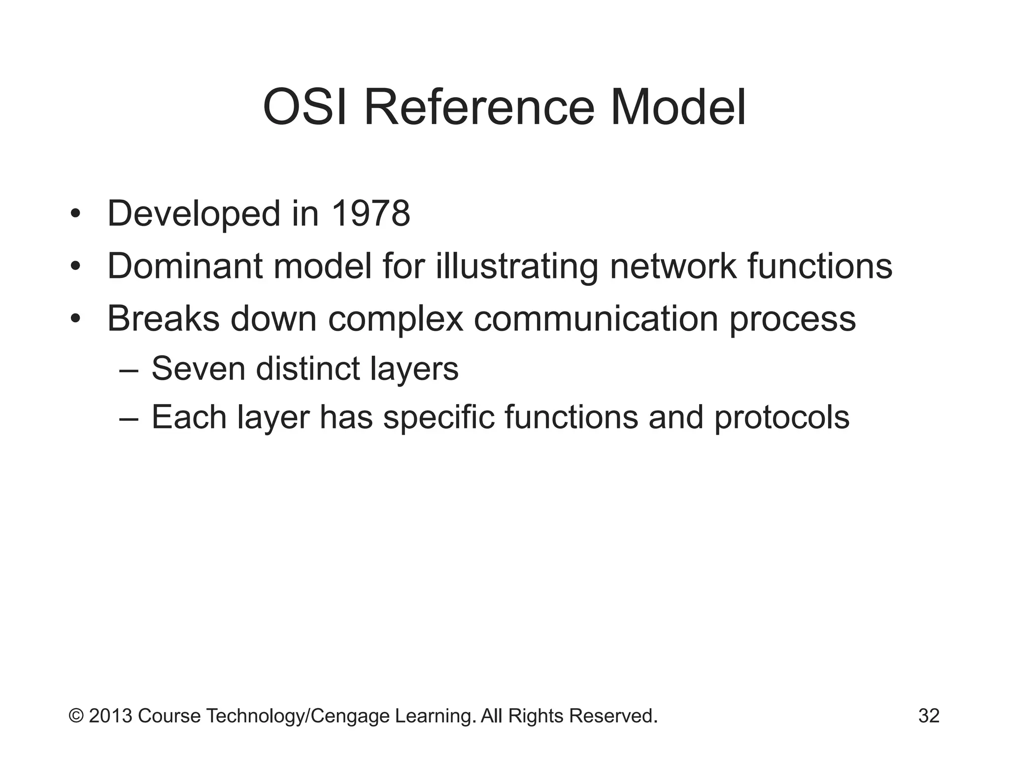 © 2013 Course Technology/Cengage Learning. All Rights Reserved.
OSI Reference Model
• Developed in 1978
• Dominant model for illustrating network functions
• Breaks down complex communication process
– Seven distinct layers
– Each layer has specific functions and protocols
32
 