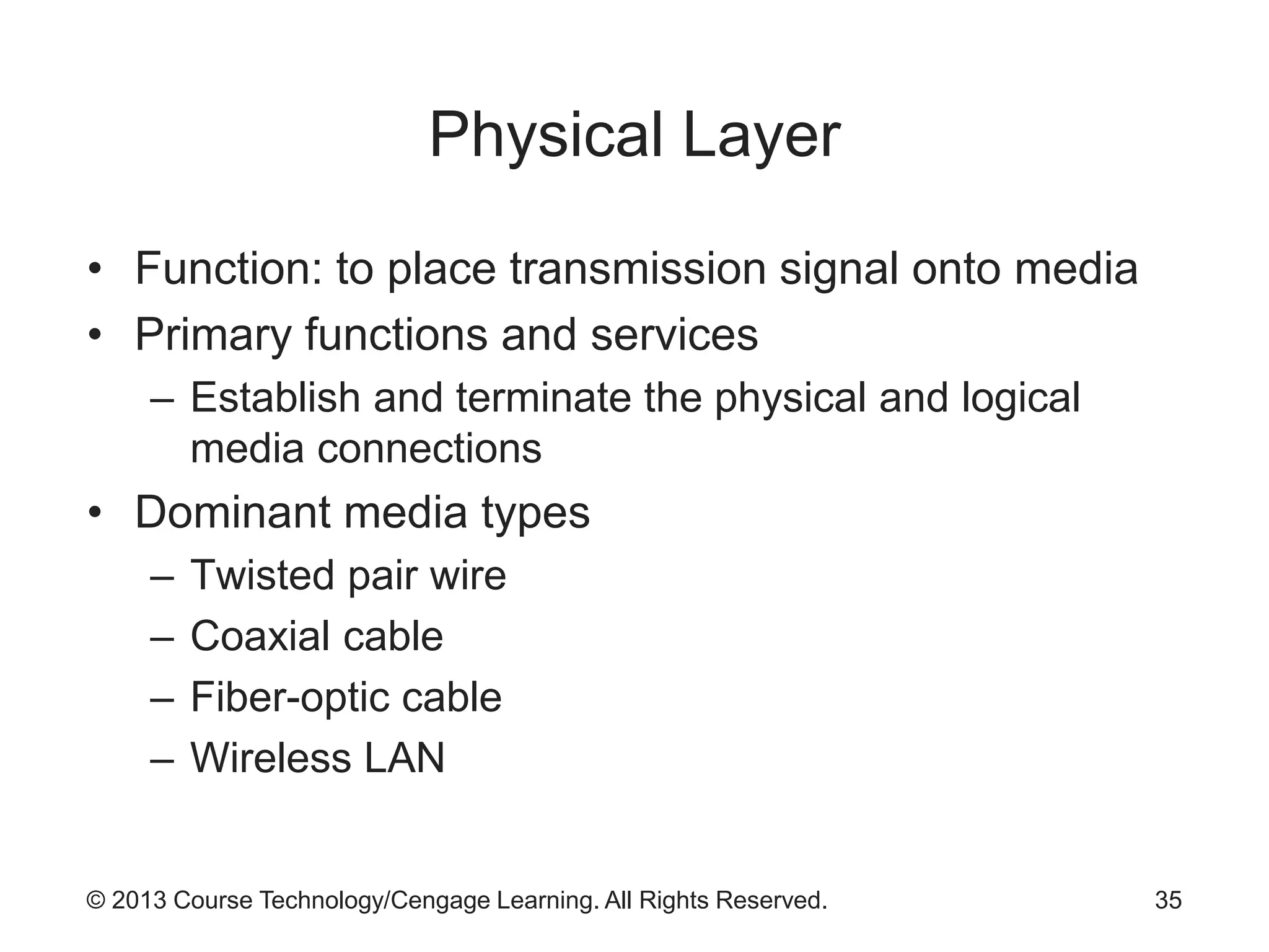 © 2013 Course Technology/Cengage Learning. All Rights Reserved.
Physical Layer
• Function: to place transmission signal onto media
• Primary functions and services
– Establish and terminate the physical and logical
media connections
• Dominant media types
– Twisted pair wire
– Coaxial cable
– Fiber-optic cable
– Wireless LAN
35
 