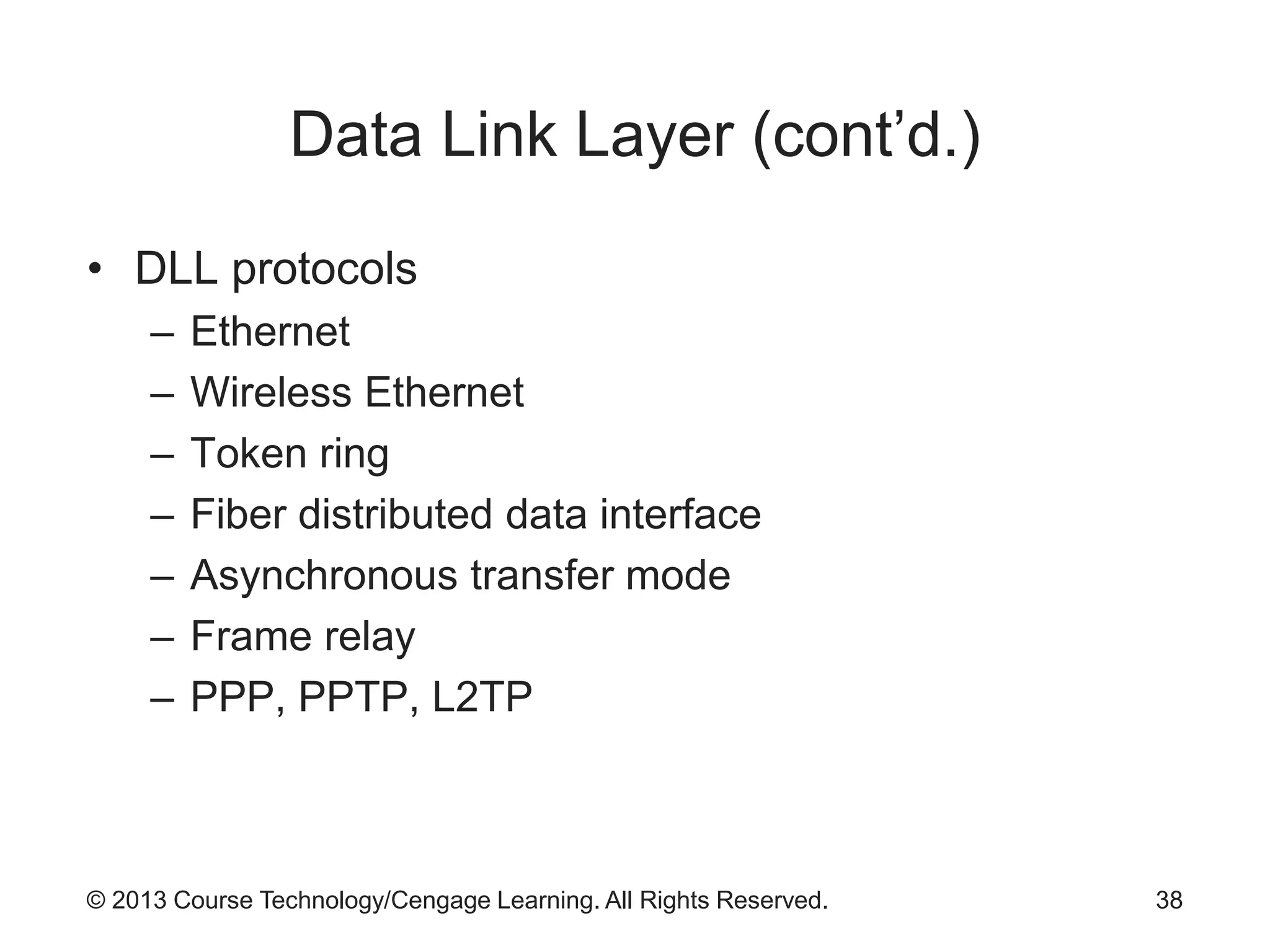 © 2013 Course Technology/Cengage Learning. All Rights Reserved.
Data Link Layer (cont’d.)
• DLL protocols
– Ethernet
– Wireless Ethernet
– Token ring
– Fiber distributed data interface
– Asynchronous transfer mode
– Frame relay
– PPP, PPTP, L2TP
38
 