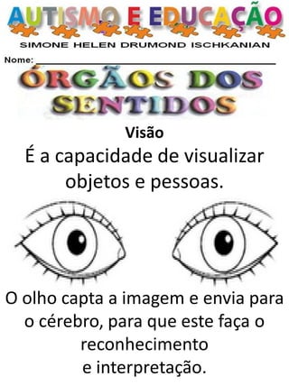 Visão É a capacidade de visualizar objetos e pessoas. 
O olho capta a imagem e envia para o cérebro, para que este faça o reconhecimento 
e interpretação.  