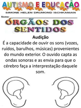 Audição É a capacidade de ouvir os sons (vozes, ruídos, barulhos, músicas) provenientes do mundo exterior. O ouvido capta as ondas sonoras e as envia para que o cérebro faça a interprestação daquele som.  