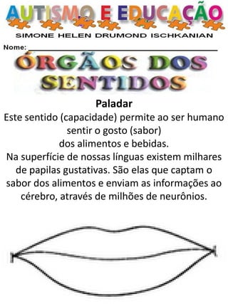 Paladar Este sentido (capacidade) permite ao ser humano sentir o gosto (sabor) 
dos alimentos e bebidas. 
Na superfície de nossas línguas existem milhares de papilas gustativas. São elas que captam o sabor dos alimentos e enviam as informações ao cérebro, através de milhões de neurônios.  