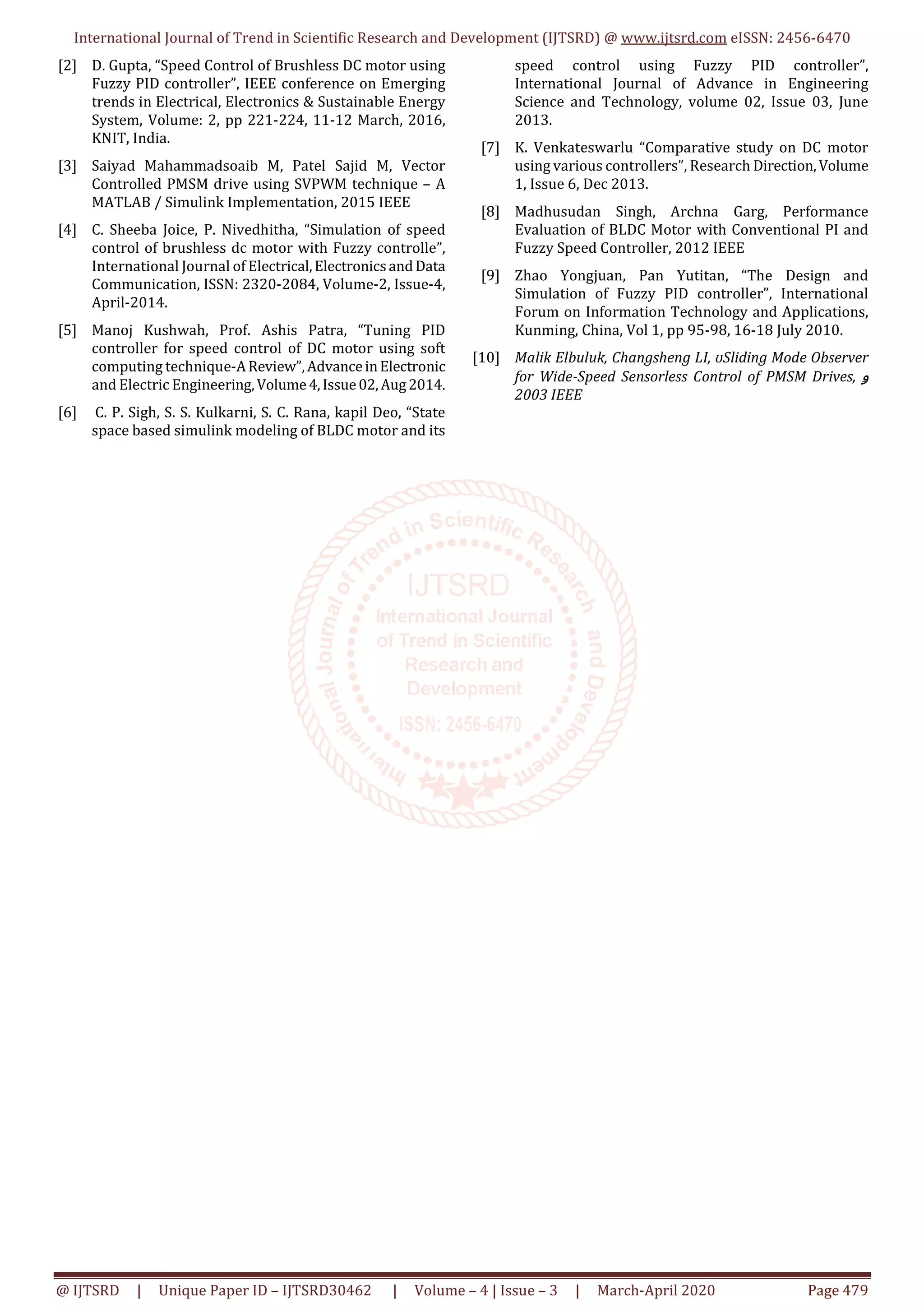 International Journal of Trend in Scientific Research and Development (IJTSRD) @ www.ijtsrd.com eISSN: 2456-6470
@ IJTSRD | Unique Paper ID – IJTSRD30462 | Volume – 4 | Issue – 3 | March-April 2020 Page 479
[2] D. Gupta, “Speed Control of Brushless DC motor using
Fuzzy PID controller”, IEEE conference on Emerging
trends in Electrical, Electronics & Sustainable Energy
System, Volume: 2, pp 221-224, 11-12 March, 2016,
KNIT, India.
[3] Saiyad Mahammadsoaib M, Patel Sajid M, Vector
Controlled PMSM drive using SVPWM technique – A
MATLAB / Simulink Implementation, 2015 IEEE
[4] C. Sheeba Joice, P. Nivedhitha, “Simulation of speed
control of brushless dc motor with Fuzzy controlle”,
International Journal of Electrical,ElectronicsandData
Communication, ISSN: 2320-2084, Volume-2, Issue-4,
April-2014.
[5] Manoj Kushwah, Prof. Ashis Patra, “Tuning PID
controller for speed control of DC motor using soft
computing technique-AReview”,AdvanceinElectronic
and Electric Engineering,Volume4,Issue02,Aug2014.
[6] C. P. Sigh, S. S. Kulkarni, S. C. Rana, kapil Deo, “State
space based simulink modeling of BLDC motor and its
speed control using Fuzzy PID controller”,
International Journal of Advance in Engineering
Science and Technology, volume 02, Issue 03, June
2013.
[7] K. Venkateswarlu “Comparative study on DC motor
using various controllers”, Research Direction,Volume
1, Issue 6, Dec 2013.
[8] Madhusudan Singh, Archna Garg, Performance
Evaluation of BLDC Motor with Conventional PI and
Fuzzy Speed Controller, 2012 IEEE
[9] Zhao Yongjuan, Pan Yutitan, “The Design and
Simulation of Fuzzy PID controller”, International
Forum on Information Technology and Applications,
Kunming, China, Vol 1, pp 95-98, 16-18 July 2010.
[10] Malik Elbuluk, Changsheng LI, ʊSliding Mode Observer
for Wide-Speed Sensorless Control of PMSM Drives, ‫ۅ‬
2003 IEEE
 