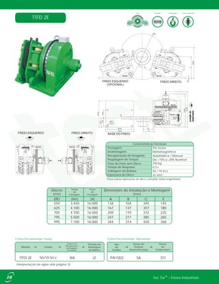 TTFD 2E
Tipo DesfrenagemFrenagem Forma Construtiva
Desfrenagem:
Frenagem:
Eletromagnética
Por molas
Recuperação de Desgaste: Automática / Manual
Regulagem de Torque: De +10% a -20% Nominal
Peso do Freio sem Disco: 250 kg
Tempo de Resposta: 0,3 s
Voltagem da Bobina: 50 / 10 Vcc
Espessura do Disco 42 mm*
Características Técnicas
FREIO ESQUERDO FREIO DIREITO BASE DO FREIO
posiçãodo
observador
FREIO DIREITOFREIO ESQUERDO
(OPCIONAL)
®Tec Tor - Freios Industriais
ØD [Nm] [N] A B C E
550 3.450 16.000
16.000
16.000
16.000
16.000
134 104 345 145
625 4.100 167 137 357 180
705 4.700 209 179 372 225
795 5.500 247 217 385 265
995 7.100 344 314 420 368
Dimensões de Instalação e Montagem
[mm]
Discos
[mm]
Torque
de
Frenagem
Força
de
Frenagem
Como Encomendar: Freios
Modelo
TTFD 2E
Interpretação de siglas vide página 10.
Como Encomendar: Opcionais
Tensão
Posição de
Montagem
da Bobina
50/10 Vcc LE
Sistema de
Recuperação
de Desgaste
de Pastilha
Sensor de
Posição
Aberto/Fechado
Tipo
de
Pastilha
Sensor
de
Temperatura
SAPA1SD2RA ST1
*Para outras espessuras de disco consultar nossa engenharia.
 
