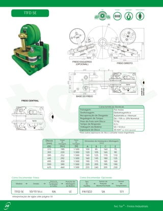 Como Encomendar: Freios Como Encomendar: Opcionais
Modelo Tensão
Posição de
Montagem
da Bobina
TTFD 5E 50/10 Vcc LE
Sistema de
Recuperação
de Desgaste
de Pastilha
Sensor de
Posição
Aberto/Fechado
Tipo
de
Pastilha
Sensor
de
Temperatura
SAPA1SD2RA ST1
Interpretação de siglas vide página 10.
FREIO CENTRAL
Desfrenagem:
Frenagem:
Eletromagnética
Por molas
Recuperação de Desgaste: Automática / Manual
Regulagem de Torque: De +10% a -20% Nominal
Peso do Freio sem Disco: 32 kg
Tempo de Resposta: 0,2 s
Voltagem da Bobina: 50 / 10 Vcc
Espessura do Disco 30 mm* ou 15mm opcional
Características Técnicas
Tipo DesfrenagemFrenagem Forma Construtiva
TTFD 5E
posiçãodo
observador
FREIO DIREITO
FREIO ESQUERDO
(OPCIONAL)
BASE DO FREIO
®Tec Tor - Freios Industriais
ØD [Nm] [N] A B C E
315 190 1.500 100 85 160 70
355 220 1.500 120 105 165 90
395 252 1.500 140 125 170 110
445 292 1.500 160 145 180 135
495 350 1.500 190 175 185 160
550 390 1.500 220 205 195 190
625 460 1.500 255 240 205 230
Força
de
Frenagem
Dimensões de Instalação e Montagem
[mm]
Discos
[mm]
Torque
de
Frenagem
*Para outras espessuras de disco consultar nossa engenharia.
 