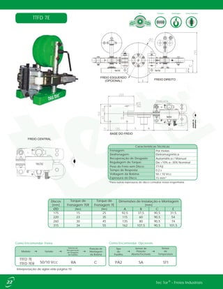 Como Encomendar: Freios Como Encomendar: Opcionais
Modelo Tensão
Posição de
Montagem
da Bobina
TTFD 7E
TTFD 7ER 50/10 Vcc C
Sistema de
Recuperação
de Desgaste
de Pastilha
Sensor de
Posição
Aberto/Fechado
Tipo
de
Pastilha
Sensor
de
Temperatura
SAPA2RA ST1
Interpretação de siglas vide página 10.
TTFD 7E
ØD [Nm] [Nm] A B C E
175 15 25 92,5 37,5 90,5 31,5
220 23 35 115 60 90,5 54
260 30 45 135 80 90,5 74
315 34 55 162 107,5 90,5 101,5
Dimensões de Instalação e Montagem
[mm]
Discos
[mm]
Torque de
Frenagem 7E
Torque de
Frenagem 7ER
Tipo DesfrenagemFrenagem Forma Construtiva
FREIO DIREITO
FREIO ESQUERDO
(OPCIONAL)
Desfrenagem:
Frenagem:
Eletromagnética
Por molas
Recuperação de Desgaste: Automática / Manual
Regulagem de Torque: De +10% a -30% Nominal
Peso do Freio sem Disco: 23 kg
Tempo de Resposta: 0,2 s
Voltagem da Bobina: 50 / 10 Vcc
Espessura do Disco 15 mm*
Características Técnicas
FREIO CENTRAL
posiçãodo
observador
BASE DO FREIO
®Tec Tor - Freios Industriais
*Para outras espessuras de disco consultar nossa engenharia.
 
