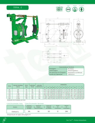 TTFPA...E
8"E 50 83 77 550 510 185 180 45 235 203 17,5 19 178 388 383 146 190 83
10"E 70 95 89 610 580 220 205 45 280 254 17,5 19 213 440 435 159 200 102
13"E 135 146 140 775 640 260 235 60 365 330 20,5 28 251 623 613 228 280 146
16"E 205 171 165 890 800 310 295 70 395 406 27 30 308 735 730 273 330 190
19"E 230 222 216 1.025 940 365 325 95 440 482 27 34 336 808 805 330 390 235
23"E 365 286 279 1.160 1.150 460 392 107 480 584 33,5 41 403 952 947 406 480 298
30"E 730 362 356 1.465 1.280 510 490 130 550 762 39,5 48 527 1.120 1.120 482 560 381
5.540
12.450
280
760
1.380
2.770
I J K
140
G H H1 H2
LARGURA
SAPATAS B1
DIMENSÕES
A1 A2 A3 A4 B C D1 D3
TTFPA
TORQUE NOMINAL
[N.m]
PESO
[kg]
LARGURA
POLIA
Unidades de medidas em mm.
Tipo DesfrenagemFrenagem Forma Construtiva
Como Encomendar: Freios Como Encomendar: Opcionais
Interpretação de siglas vide página 10.
Modelo
TTFPA 8”E
Sensor de
Posição
Aberto/Fechado
SA
Sensor de
Desgaste
de Pastilha
SD
Sistema
de
Desbloqueio
DM
Sistema de
Recuperação
de Desgaste
de Pastilha
RA ST
Sensor
de
Temperatura
Frenagem: Por Molas
Recuperação de Desgaste:
Desfrenagem:
Automática ou Manual
Eletromagnética
Tensão de Operação: 230/50 Vcc
Características Técnicas
®Tec Tor - Freios Industriais
 
