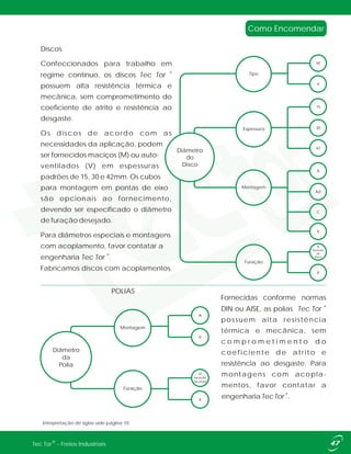 Discos
Confeccionados para trabalho em
®
regime contínuo, os discos Tec Tor
possuem alta resistência térmica e
mecânica, sem comprometimento do
coeficiente de atrito e resistência ao
desgaste.
Os discos de acordo com as
necessidades da aplicação, podem
ser fornecidos maciços (M) ou auto-
ventilados (V) em espessuras
padrões de 15, 30 e 42mm. Os cubos
para montagem em pontas de eixo
são opcionais ao fornecimento,
devendo ser especificado o diâmetro
de furação desejado.
Para diâmetros especiais e montagens
com acoplamento, favor contatar a
®
engenharia Tec Tor .
Fabricamos discos com acoplamentos.
Fornecidas conforme normas
®
DIN ou AISE, as polias Tec Tor
possuem alta resistência
térmica e mecânica, sem
c o m p r o m e t i m e n t o d o
coeficiente de atrito e
resistência ao desgaste. Para
montagens com acopla-
mentos, favor contatar a
®
engenharia Tec Tor .
POLIAS
Como Encomendar
Interpretação de siglas vide página 10.
C
X
A
AD
42
15
30
Ø
furação
do
disco
X
M
V
Diâmetro
do
Disco
Tipo
Espessura
Montagem
Furação
Diâmetro
da
Polia
Montagem
Furação
A
X
Ø
furação
da polia
X
®Tec Tor - Freios Industriais
 