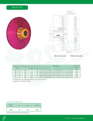 Como Encomendar: Discos
Disco V 42
Disco com cubo Disco sem cubo
Diâmetro
ØD
Tipo Espessura Montagem
625 V 42 CB
Interpretação de siglas vide página 10.
*Considerando montagem do Disco com Cubo sem furo.
550 - V -42 550 3,19 103
625 - V -42 625 5,32 118
705 - V -42 705 8,37 145
795 - V -42 795 14,01 224
995 - V -42 995 32,81 315
Modelos de
Discos
Diâmetro
D
Inércia
[Kg.m²]*
Peso
[Kg]*
Unidades de medidas em mm.
270 220 160 180 00-120 25 M24 12 141 140 186 40 1120
300 260 220 210 00-140 25 M24 12 141 140 186 40 1120
300 260 220 210 00-140 25 M24 12 141 140 186 40 1120
380 330 280 260 00-180 31 M30 12 181 180 232 40 2240
380 330 280 260 00-180 31 M30 12 181 180 232 40 2240
L3N L L1 L2
Dimensões Torque de
Aperto β
[Nm]
D2 D3 D4 D5 d d1 d2
®Tec Tor - Freios Industriais
 