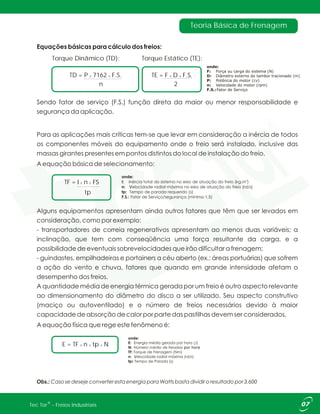 Teoria Básica de Frenagem
Torque Dinâmico (TD): Torque Estático (TE):
TE = F X D F.S.X
2
TD = P X 7162 F.S.X
n
TF = I n FSX X
tp
E = TF n tp NX X X
®Tec Tor - Freios Industriais
 