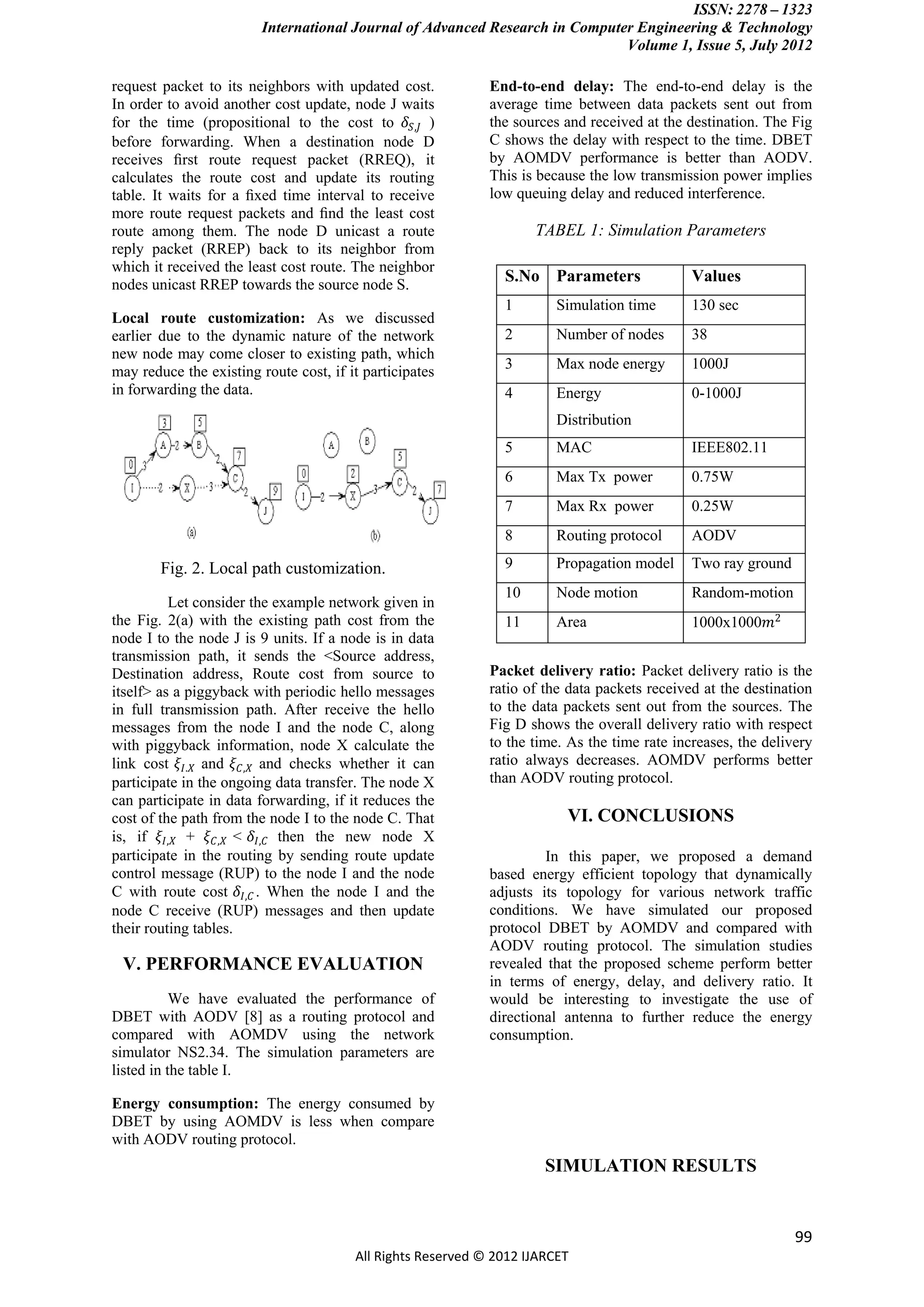 ISSN: 2278 – 1323
                         International Journal of Advanced Research in Computer Engineering & Technology
                                                                              Volume 1, Issue 5, July 2012

request packet to its neighbors with updated cost.           End-to-end delay: The end-to-end delay is the
In order to avoid another cost update, node J waits          average time between data packets sent out from
for the time (propositional to the cost to 𝛿 𝑆,𝐽 )           the sources and received at the destination. The Fig
before forwarding. When a destination node D                 C shows the delay with respect to the time. DBET
receives ﬁrst route request packet (RREQ), it                by AOMDV performance is better than AODV.
calculates the route cost and update its routing             This is because the low transmission power implies
table. It waits for a ﬁxed time interval to receive          low queuing delay and reduced interference.
more route request packets and ﬁnd the least cost
route among them. The node D unicast a route                        TABEL 1: Simulation Parameters
reply packet (RREP) back to its neighbor from
which it received the least cost route. The neighbor
nodes unicast RREP towards the source node S.
                                                               S.No Parameters                Values
                                                               1        Simulation time       130 sec
Local route customization: As we discussed
earlier due to the dynamic nature of the network               2        Number of nodes       38
new node may come closer to existing path, which
                                                               3        Max node energy       1000J
may reduce the existing route cost, if it participates
in forwarding the data.                                        4        Energy                0-1000J
                                                                        Distribution
                                                               5        MAC                   IEEE802.11
                                                               6        Max Tx power          0.75W
                                                               7        Max Rx power          0.25W
                                                               8        Routing protocol      AODV

        Fig. 2. Local path customization.                      9        Propagation model     Two ray ground
                                                               10       Node motion           Random-motion
          Let consider the example network given in
the Fig. 2(a) with the existing path cost from the             11       Area                  1000x1000𝑚2
node I to the node J is 9 units. If a node is in data
transmission path, it sends the <Source address,
Destination address, Route cost from source to               Packet delivery ratio: Packet delivery ratio is the
itself> as a piggyback with periodic hello messages          ratio of the data packets received at the destination
in full transmission path. After receive the hello           to the data packets sent out from the sources. The
messages from the node I and the node C, along               Fig D shows the overall delivery ratio with respect
with piggyback information, node X calculate the             to the time. As the time rate increases, the delivery
link cost 𝜉 𝐼.𝑋 and 𝜉 𝐶,𝑋 and checks whether it can          ratio always decreases. AOMDV performs better
participate in the ongoing data transfer. The node X         than AODV routing protocol.
can participate in data forwarding, if it reduces the
cost of the path from the node I to the node C. That                     VI. CONCLUSIONS
is, if 𝜉 𝐼,𝑋 + 𝜉 𝐶,𝑋 < 𝛿 𝐼,𝐶 then the new node X
participate in the routing by sending route update                    In this paper, we proposed a demand
control message (RUP) to the node I and the node             based energy efficient topology that dynamically
C with route cost 𝛿 𝐼,𝐶 . When the node I and the            adjusts its topology for various network traffic
node C receive (RUP) messages and then update                conditions. We have simulated our proposed
their routing tables.                                        protocol DBET by AOMDV and compared with
                                                             AODV routing protocol. The simulation studies
 V. PERFORMANCE EVALUATION                                   revealed that the proposed scheme perform better
                                                             in terms of energy, delay, and delivery ratio. It
           We have evaluated the performance of              would be interesting to investigate the use of
DBET with AODV [8] as a routing protocol and                 directional antenna to further reduce the energy
compared with AOMDV using the network                        consumption.
simulator NS2.34. The simulation parameters are
listed in the table I.

Energy consumption: The energy consumed by
DBET by using AOMDV is less when compare
with AODV routing protocol.
                                                                      SIMULATION RESULTS


                                                                                                               99
                                        All Rights Reserved © 2012 IJARCET
 