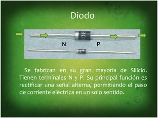 Diodo

                N            P



  Se fabrican en su gran mayoría de Silicio.
Tienen terminales N y P. Su principal función es
rectificar una señal alterna, permitiendo el paso
de corriente eléctrica en un solo sentido.
 
