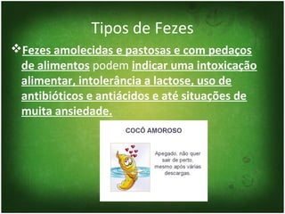 Tipos de Fezes
Fezes amolecidas e pastosas e com pedaços
 de alimentos podem indicar uma intoxicação
 alimentar, intolerância a lactose, uso de
 antibióticos e antiácidos e até situações de
 muita ansiedade.
 