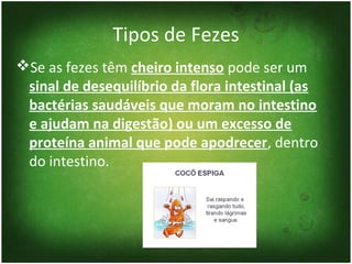 Tipos de Fezes
Se as fezes têm cheiro intenso pode ser um
 sinal de desequilíbrio da flora intestinal (as
 bactérias saudáveis que moram no intestino
 e ajudam na digestão) ou um excesso de
 proteína animal que pode apodrecer, dentro
 do intestino.
 