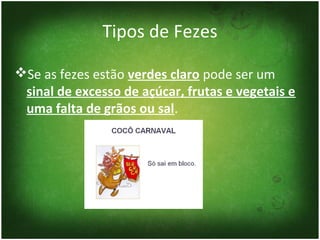 Tipos de Fezes

Se as fezes estão verdes claro pode ser um
 sinal de excesso de açúcar, frutas e vegetais e
 uma falta de grãos ou sal.
 