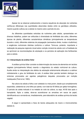 15

Apesar de se observar praticamente a mesma sequência de absorção de nutrientes
verifica-se diferenças nas quantidades absorvidas destes entre os genótipos utilizados,
mesmo quando cultivou-se a cebola no mesmo solo e período do ano.
As diferentes quantidades extraídas de nutrientes pela cebola, apresentadas em
diversos trabalhos, podem ser atribuídas à diversidade de fertilidade dos solos, diferentes
épocas de plantio, diferentes características climáticas (principalmente as temperaturas
durante o ciclo), diferentes sistemas de propagação (semeadura direta, mudas e bulbinhos)
e exigências nutricionais distintas conforme a cultivar. Torna-se, portanto, importante a
realização de pesquisa regional e local sobre nutrição mineral da cebola com a finalidade de
se aprimorar as recomendações de adubação e os períodos de aplicação dos fertilizantes
para a cebola.

3.3 Interpretação da análise foliar
A análise química foliar consiste na determinação dos teores de elementos em tecidos
vegetais (principalmente folhas) visando o diagnóstico do estado nutricional da cultura.
Auxilia ainda na interpretação dos efeitos da adubação anteriormente efetuada e a estimar
indiretamente o grau de fertilidade do solo. A análise foliar permite também distinguir os
sintomas provocados por agentes patogênicos daqueles provocados por nutrição
inadequada (Trani et al, 1983).
Na cultura da cebola a folha a ser coletada é a mais jovem, desde que completamente
expandida, coletando-se uma folha por planta, num total de 40 folhas por gleba homogênea.
O período de coleta indicado é na metade do ciclo da cultura, ou seja, 40-50 dias após o
transplante. Após a coleta, deve-se acondicionar as amostras em sacos de papel,
identificando-as e enviando-as, imediatamente, para laboratório de análise química de tecido
vegetal.
A seguir é apresentada a faixa de teores adequados de macro e micronutrientes
(tabela 2).

 